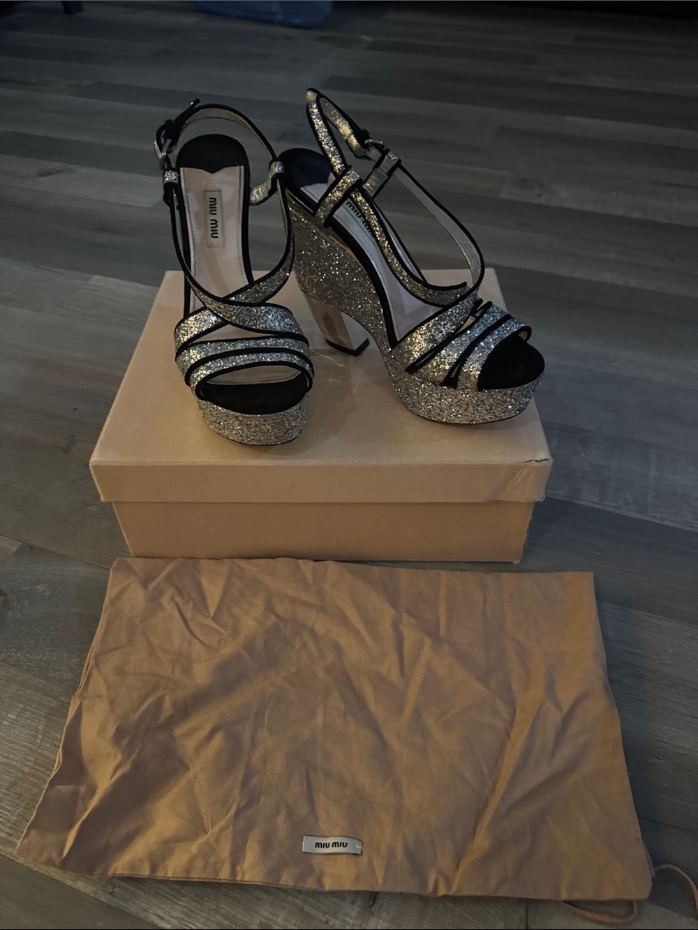 Miu Miu Silver Glitter Platform Slingback Sandals